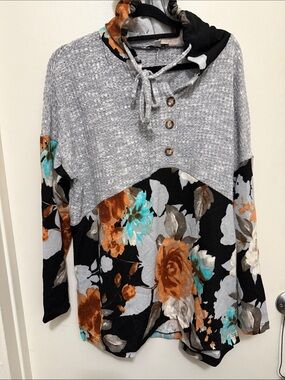 white birch Gray Waffle Knit Hoodie with Black Floral Panels